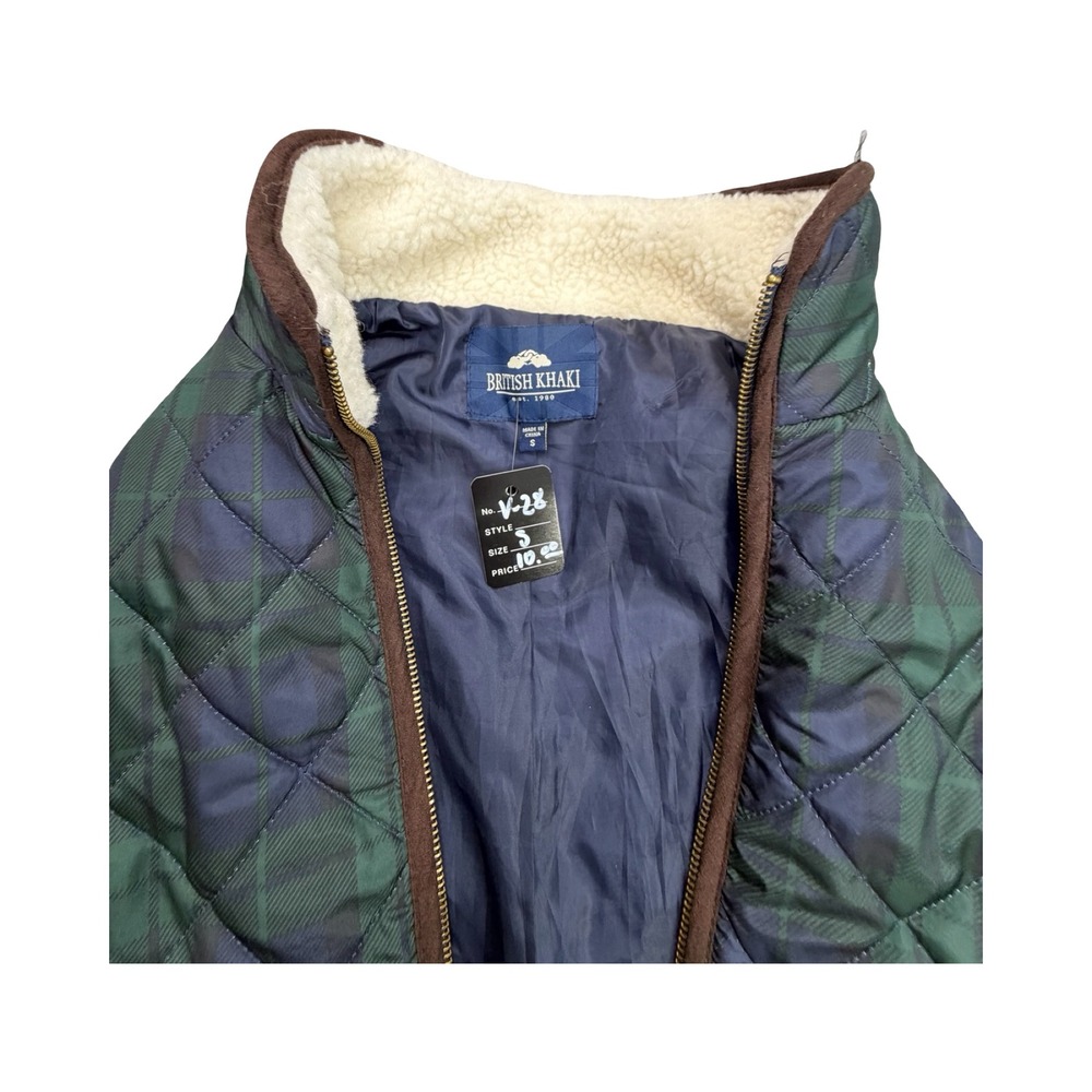 British Khaki Quilted Vest Womens Small Green Plaid Sherpa Collar Puffer V-28 - Picture 4 of 10